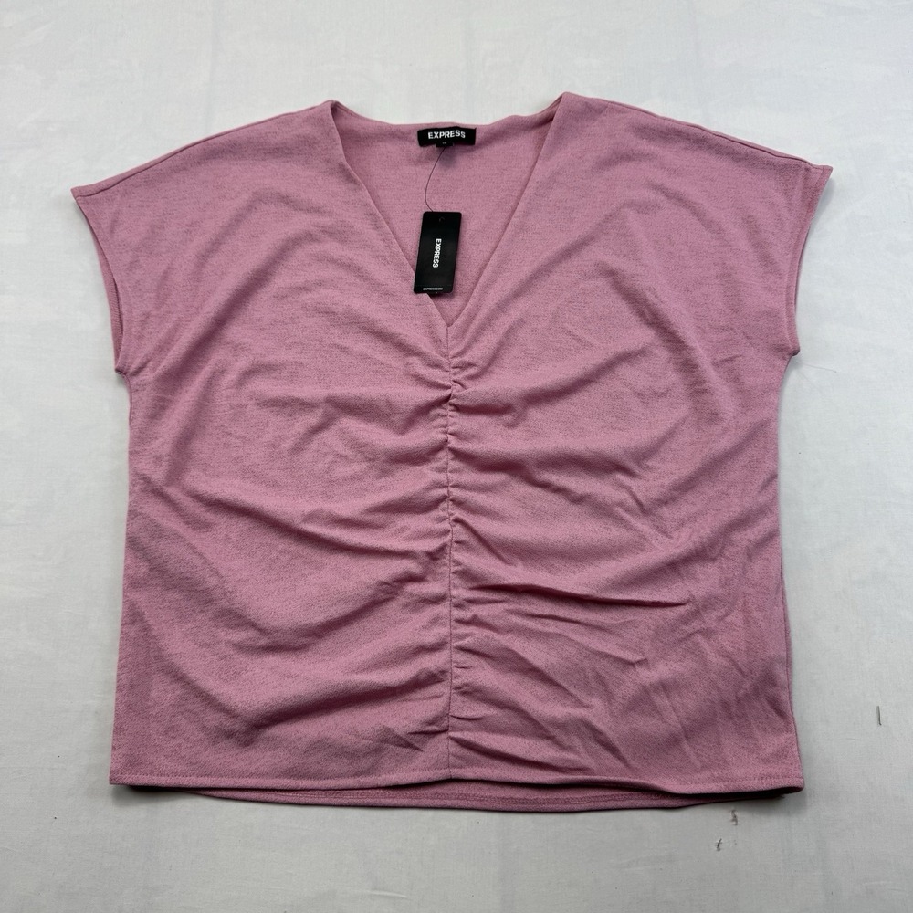 Express Women's XS Pink Ruched Front V-Neck Short Sleeve Top NWT